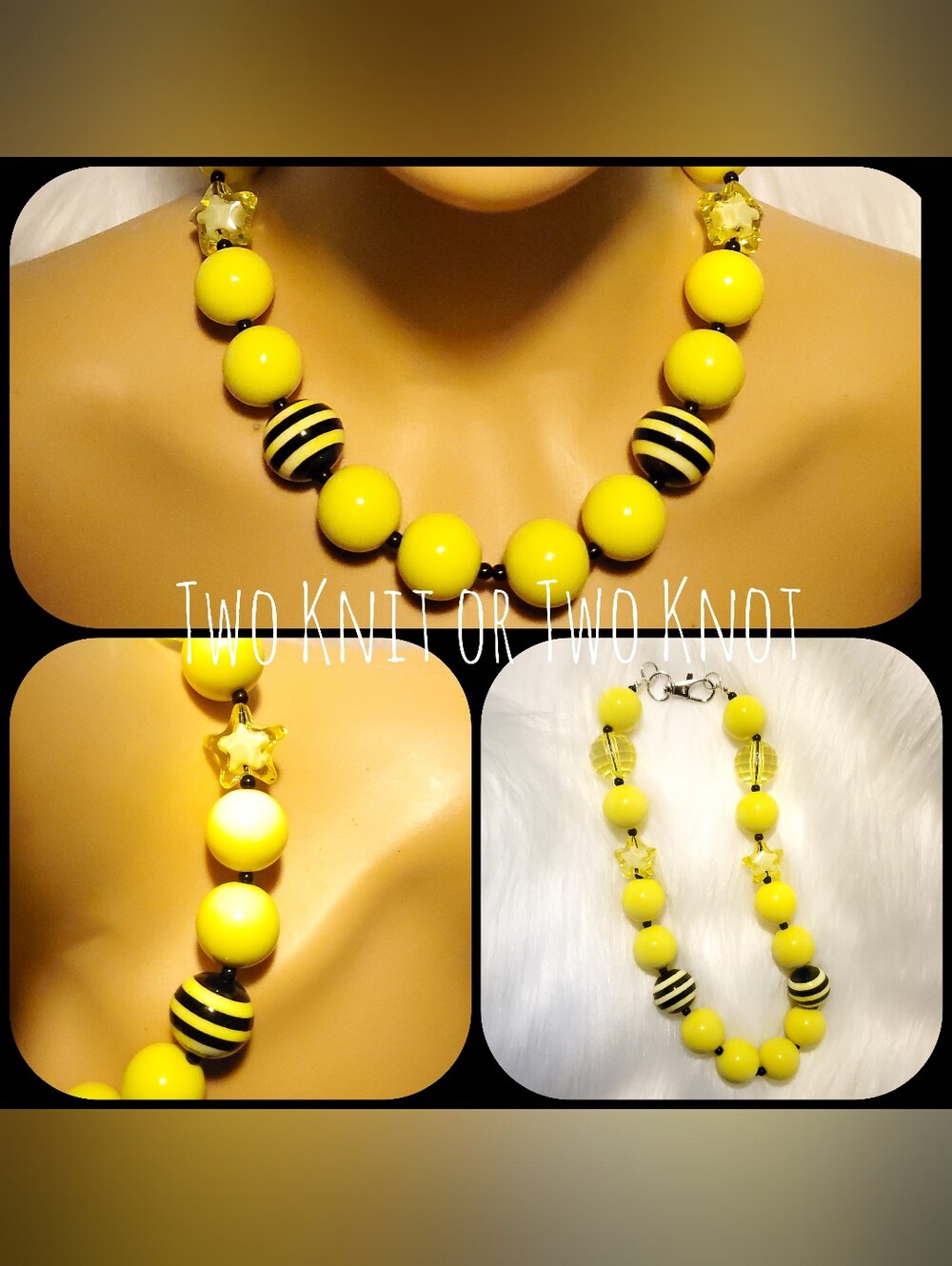 Chunky Yellow and Black Bubblegum Beaded Necklace Stars And Stripes Translucents